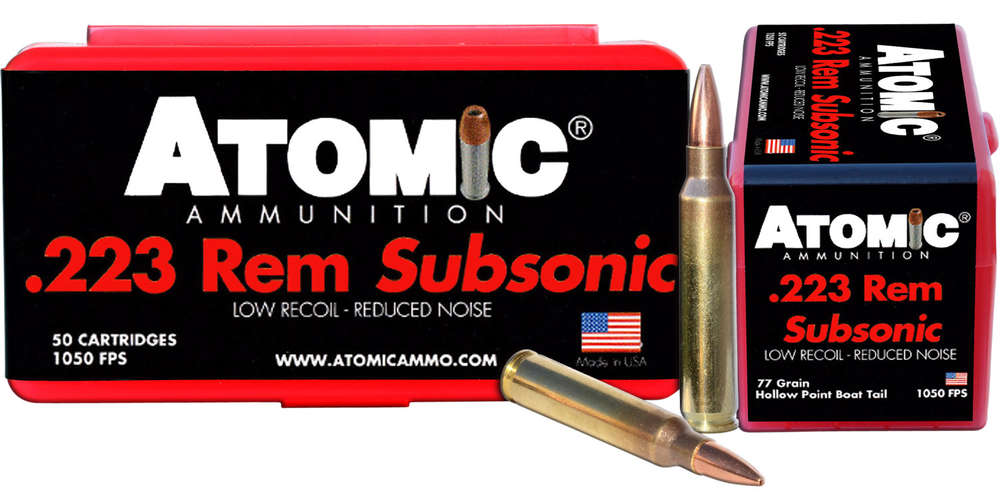 Ammunition Atomic Ammunition 188 ft lbs 223Rem ATOMIC 00429 223         77 HPBT SUB         50/10 • Model: 188 ft lbs